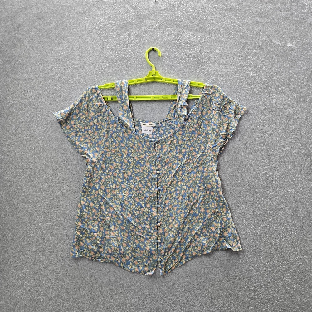 Billabong Women Blouse L/G Blue Floral Button V-Neck Front Short Sleeve